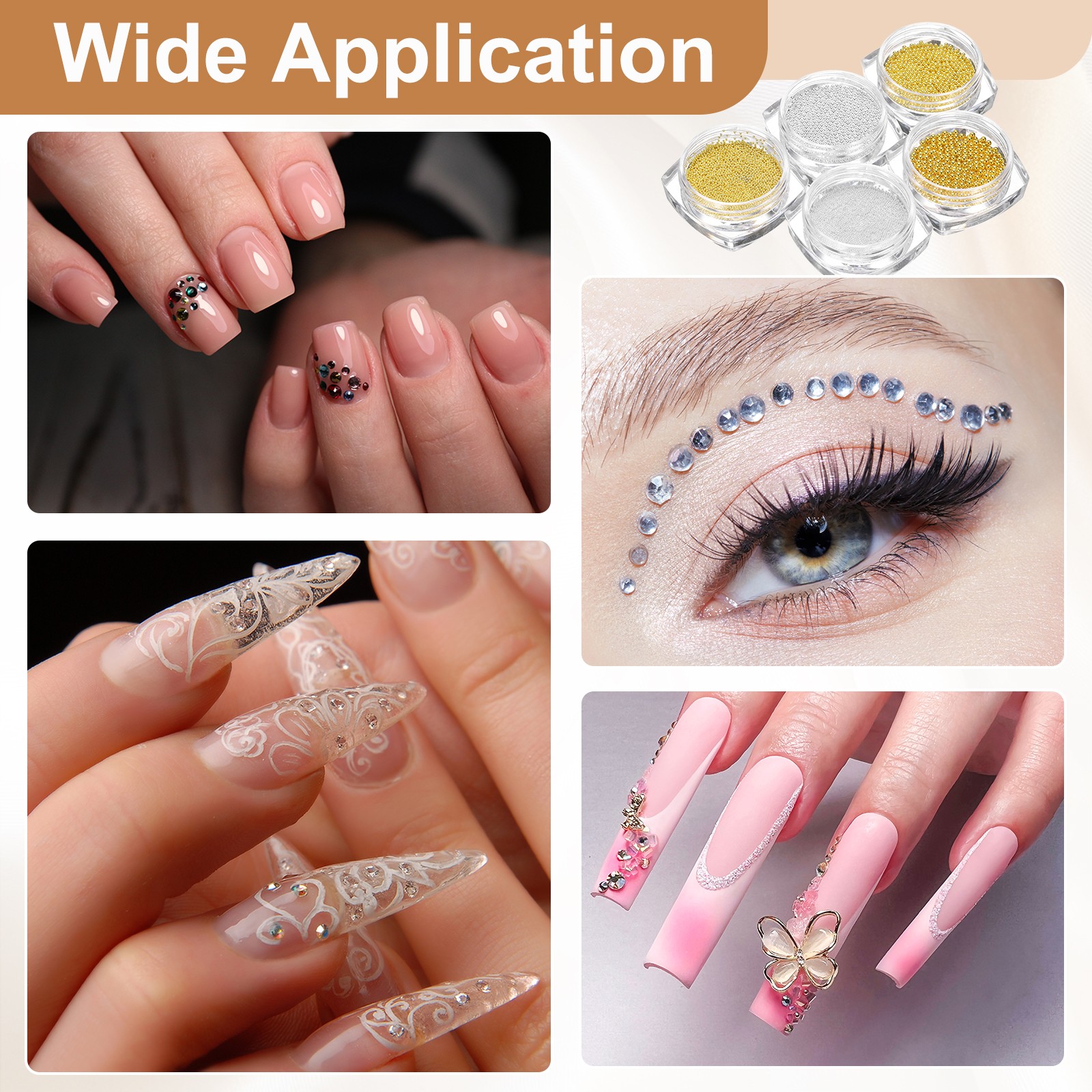 2pcs Nail Art Beads 0.08″ Mini Metal Caviar Nails Beads Ball with Bag Gold)