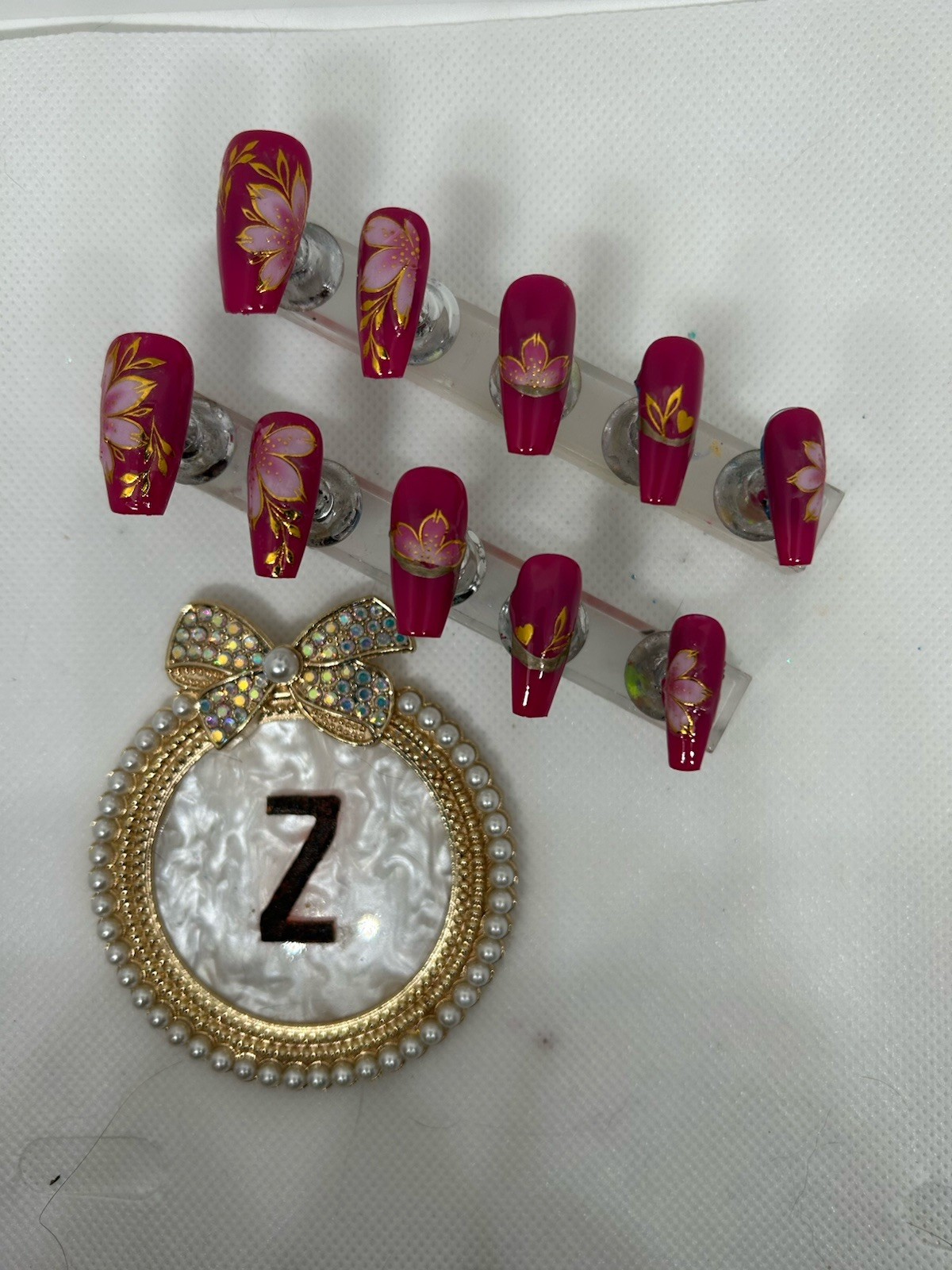 Z NAILZ! Handmade M Coffin Dk Pink With Lt Pink Flower Stickers Press On Nails