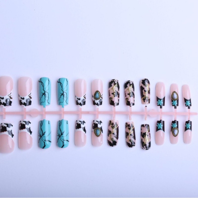 48 Pcs Turquoise Cow Print Gem Coffin Press on Nails, Western Trendy Fake Nails