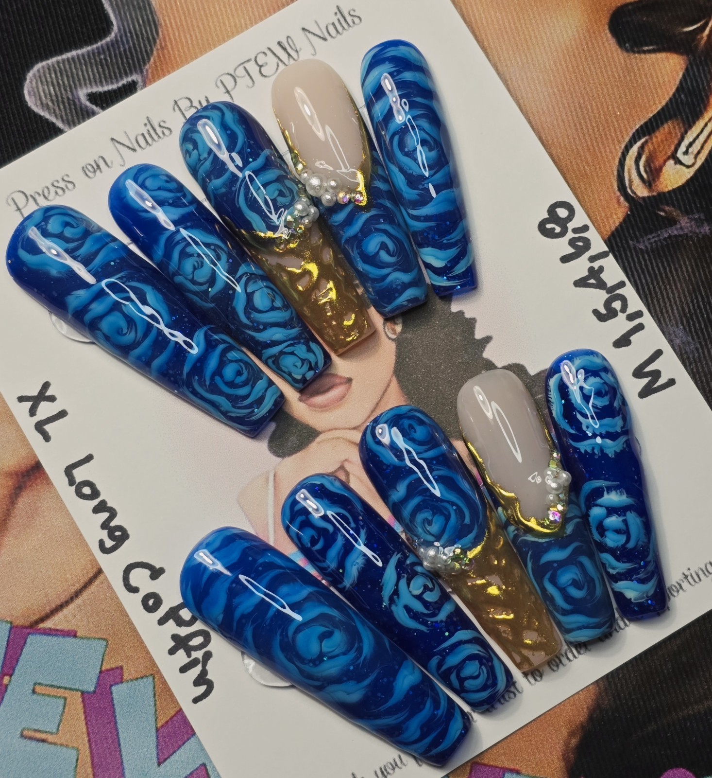 Handmade Gel Press On Nails,V Rose Nails,Medium Size 1,5,4,6,8 XL Long Coffin