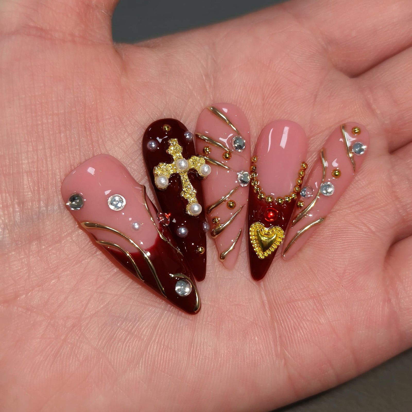 Long Stiletto Press on Nails Wine Red Cross Wave 3D(S)