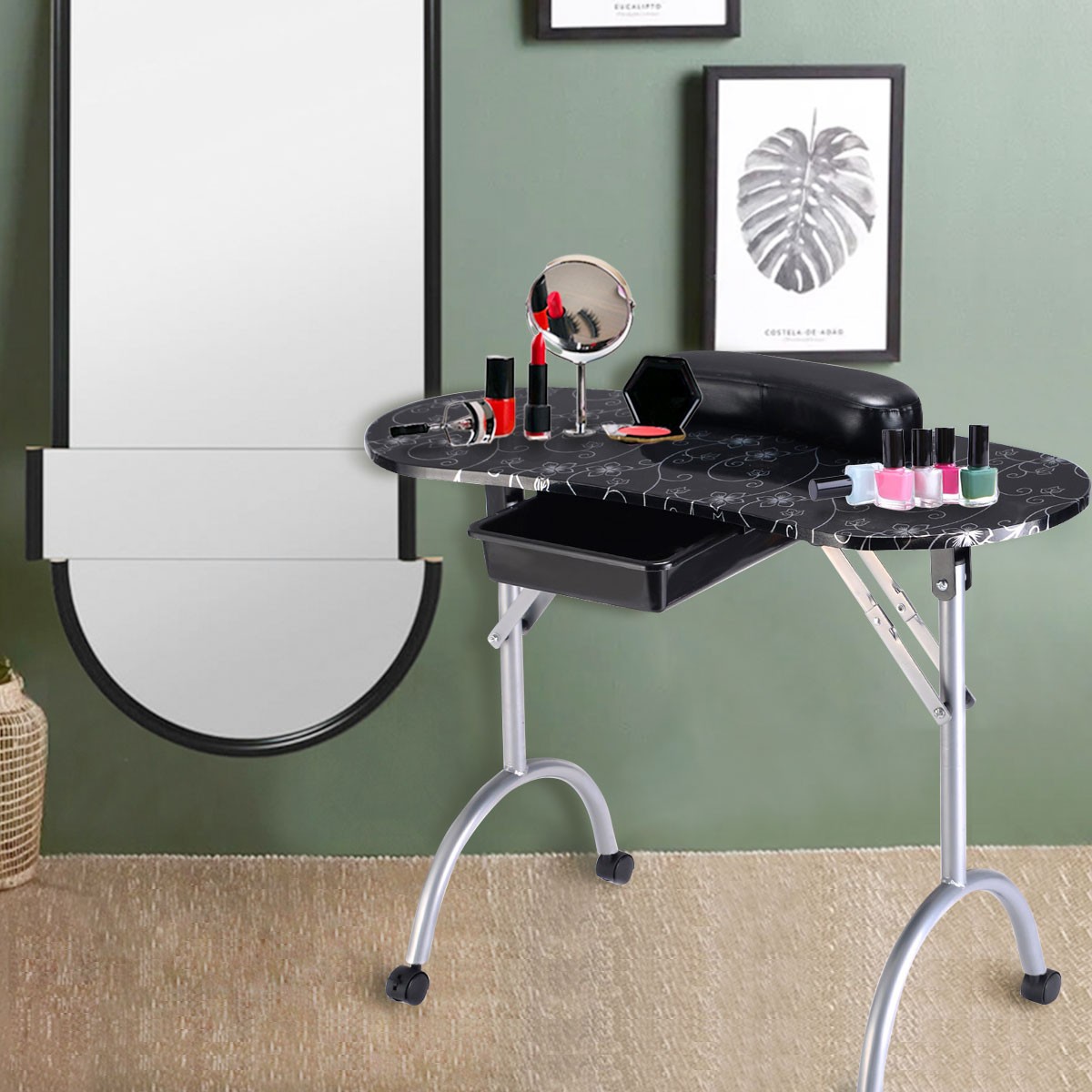 Black Manicure Nail Table Portable Station Desk Spa Beauty Salon Equipment