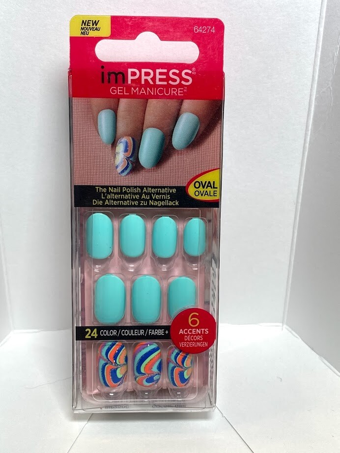 Impress Gel Manicure Press on Nails Short Oval Turquoise Swirl accent