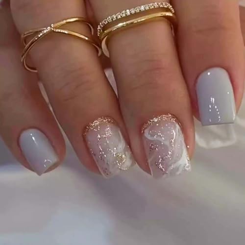 Square Press On Nails Fake Marbling with Short Blue Glitter D40