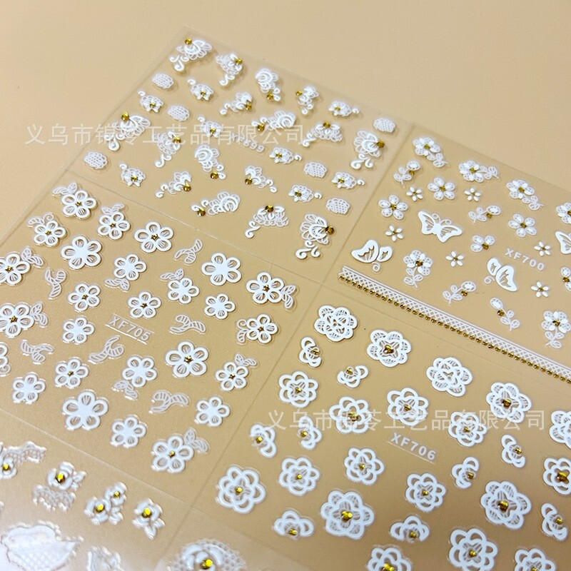 10sheets White Lace Daisy Flower Gold Rhinestones Nail Art Stickers Decor XF