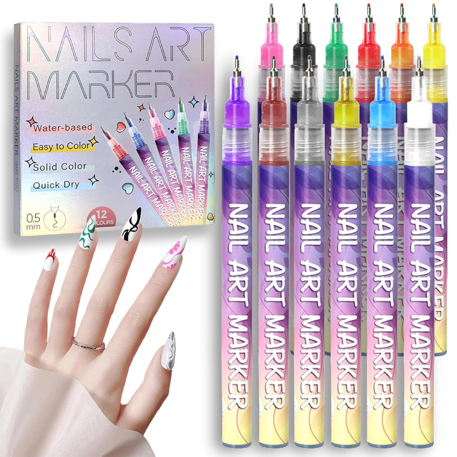 12 Colors Nail Art Pens Set, 3D Nail Polish Pens, Nail Art Markers for Gel Nails