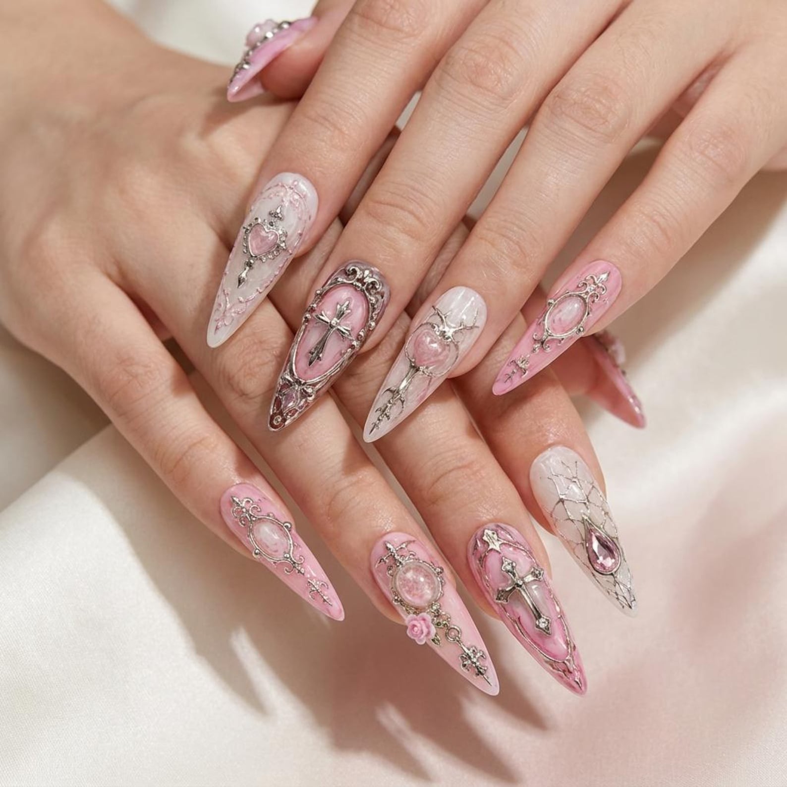 Handmade Gothic Pink 3D Rose Cross Heart Metal Long Stiletto Press on Nails