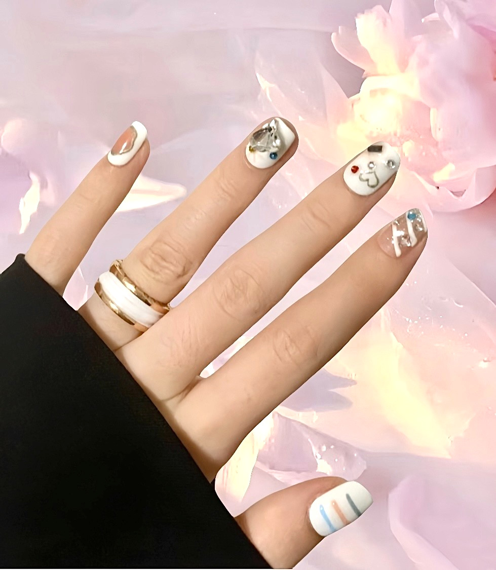 3D White & Pastel Mixed Press-On Nails / Handmade 10 pcs/ True Salon-Quality