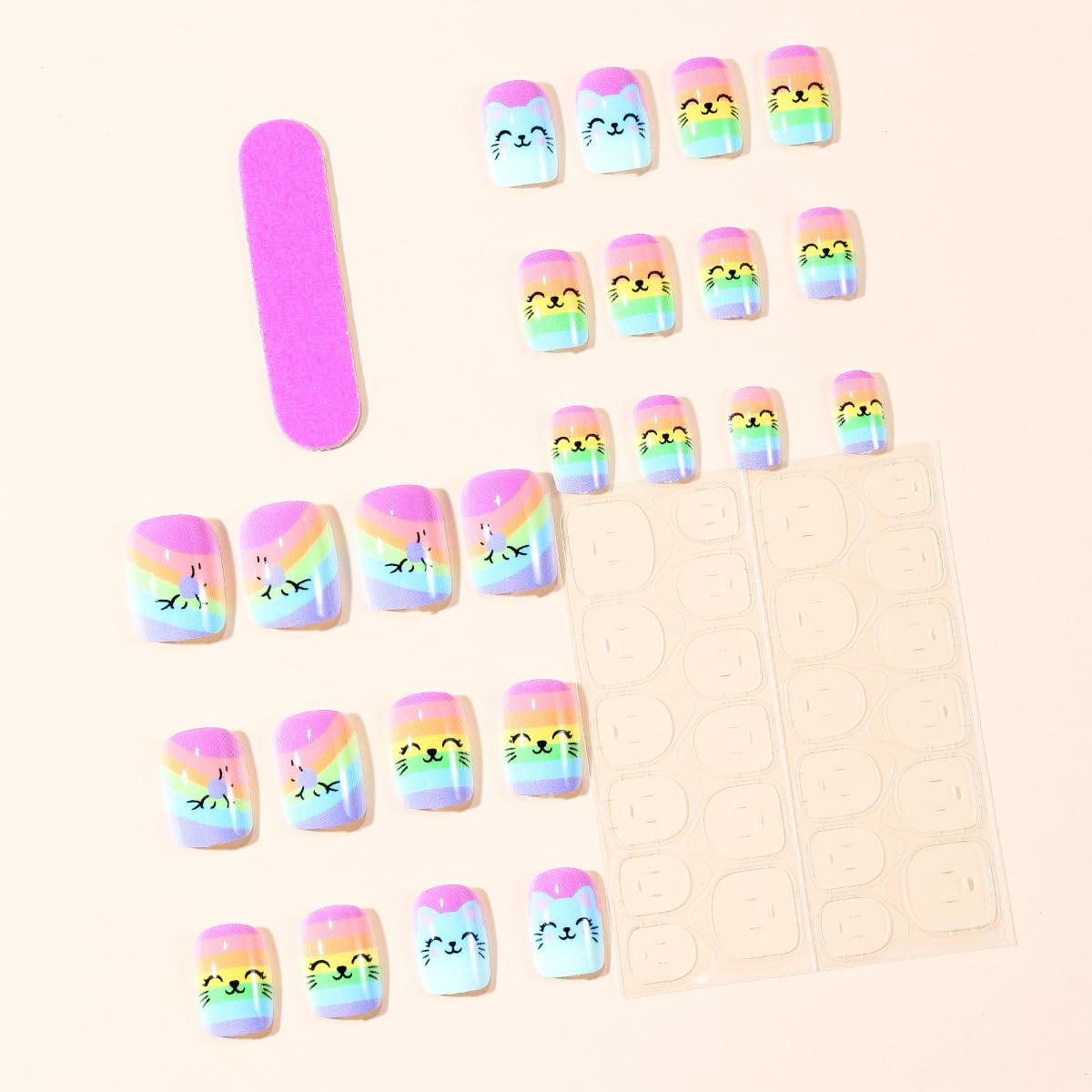 Short Square Press on Nails Rainbow Striped Fake Nails Summer French Tip Acry…