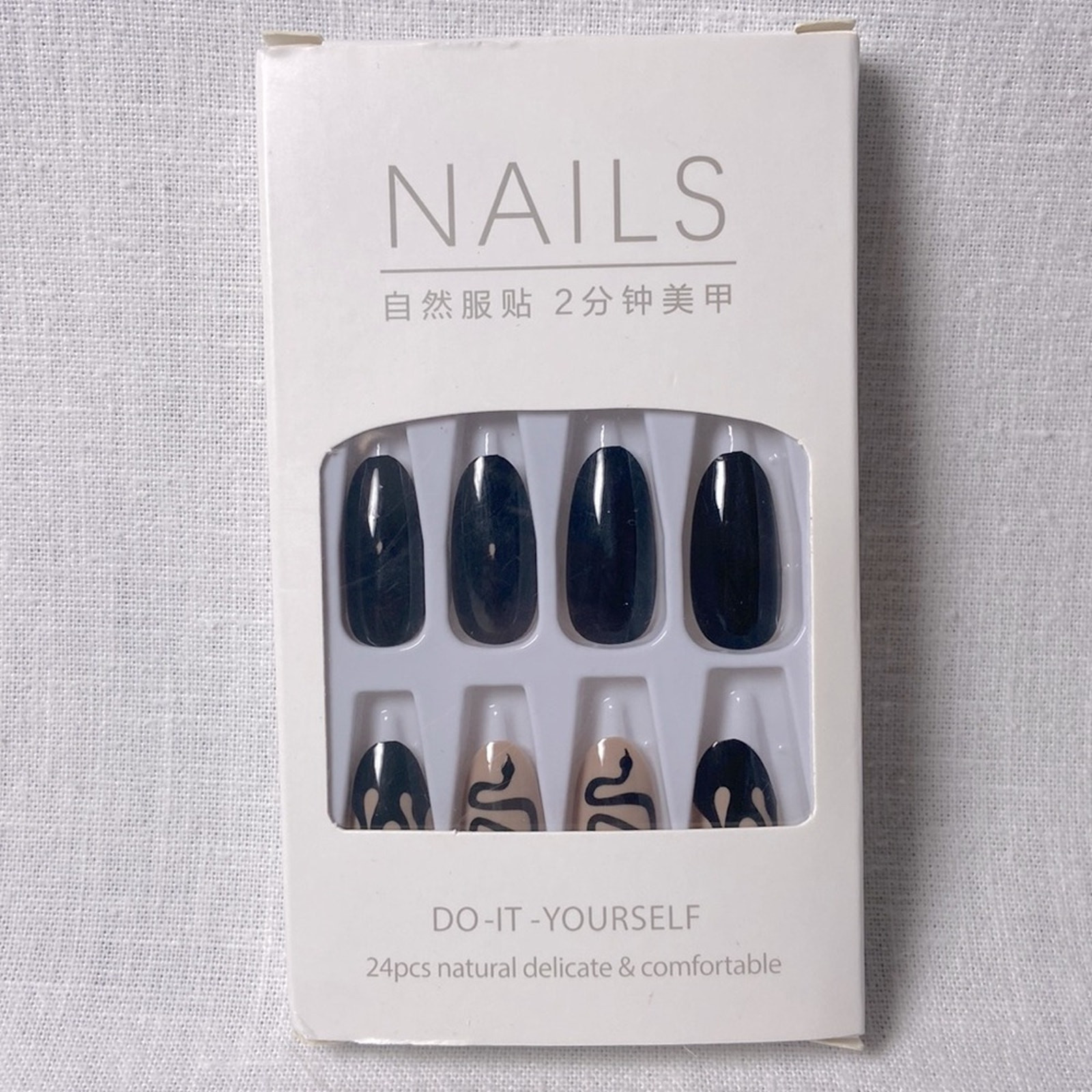 Black Beige Oval Press On Nails 25 Pc Set Medium Length Snake Flame Design +Glue