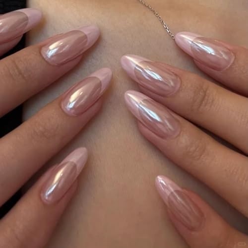 French Tip 24 Count (Pack of 1) 24Pcs-Short Almond-Glazed Nude + Pink Tips