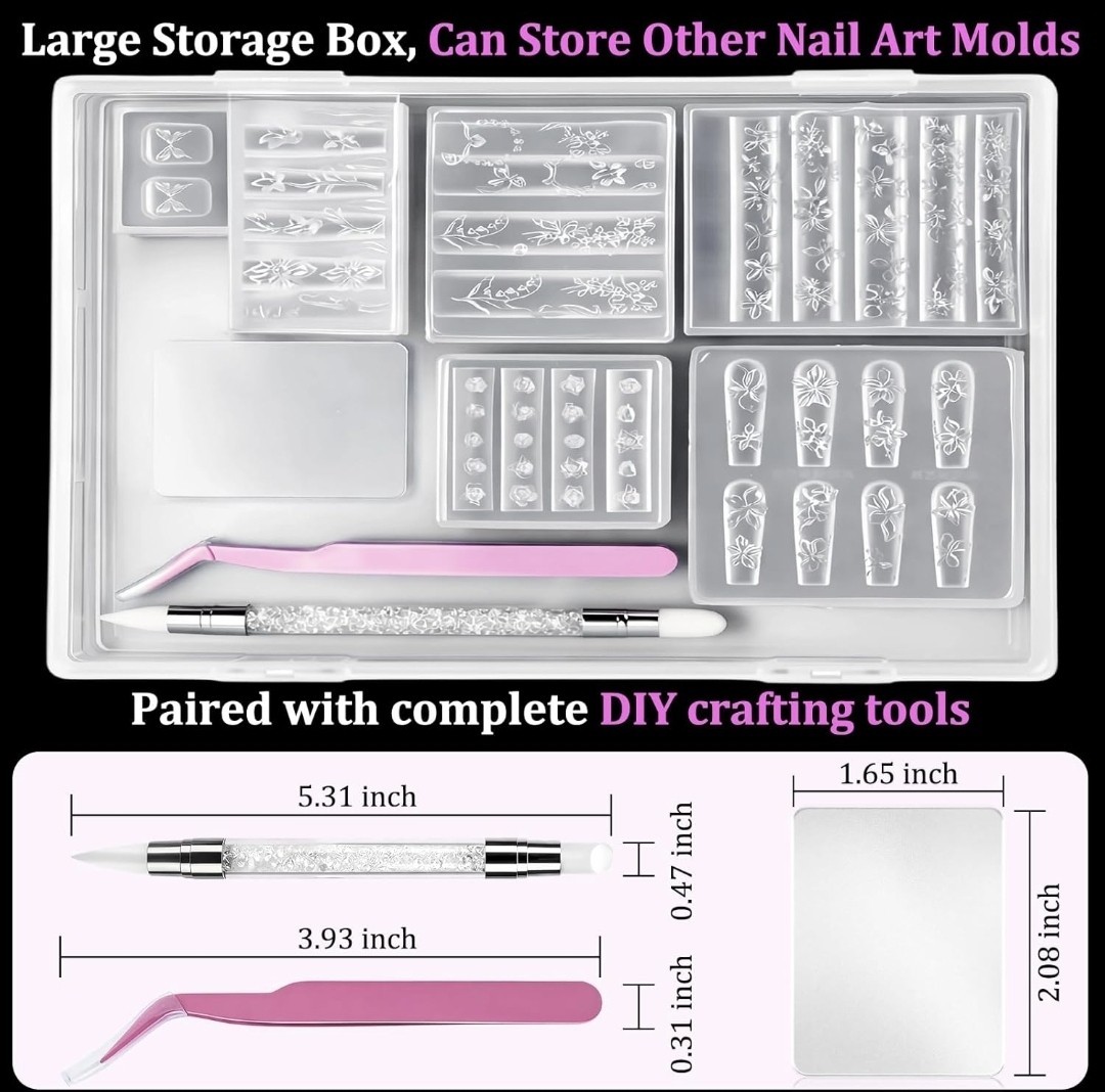 Reusable Clear Floral Flower 3D Nail Art Mold Kit w/ Storage Box & Tools
