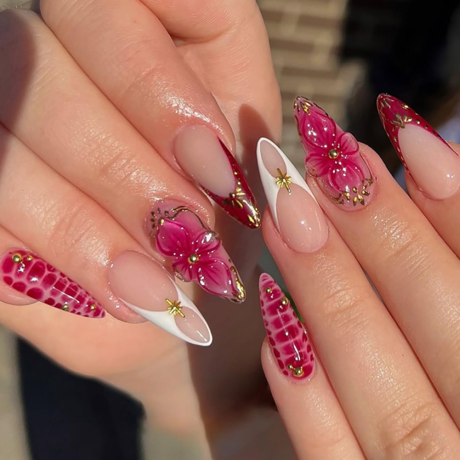 French Tip Press on Nails Medium Almond – 3D Flower Rose Pink almond Shape 45