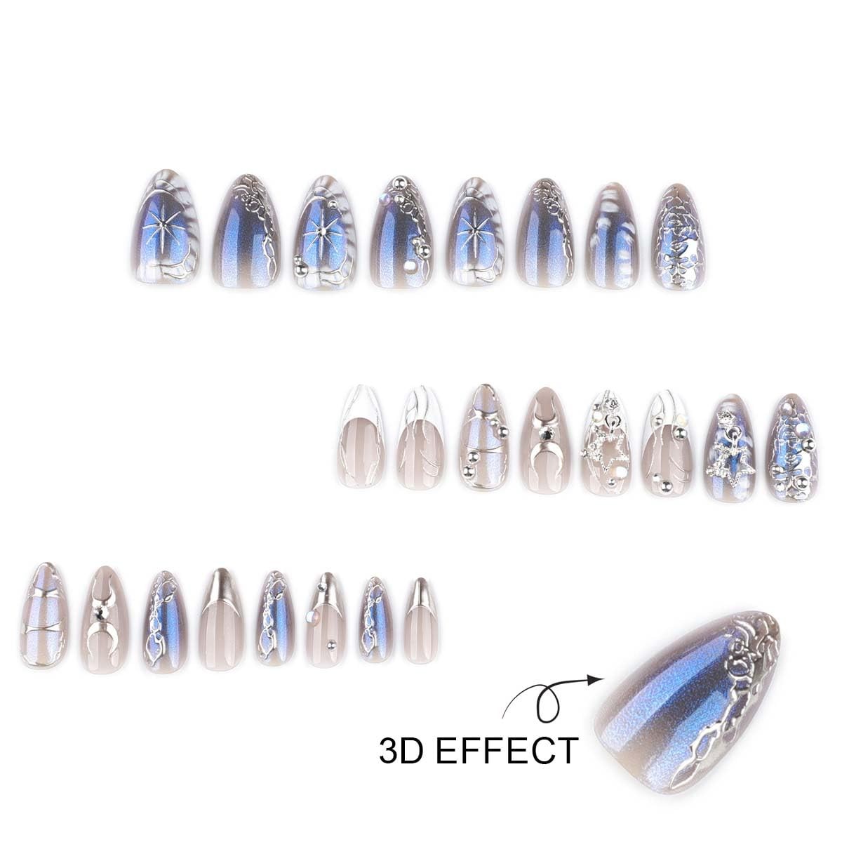 Silver Chrome Press on Nails Medium Almond Fake Blue Style-A, Style-11