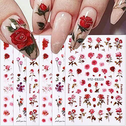 6 Sheets Flower Nail Art Stickers 3D Self-Adhesive Spring Rose Nail Decals