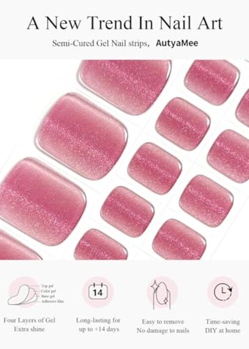 Semi Cured Gel Toenail Strips (), 32 Pcs Gel Pedi Stickers, Crimson Cat Eye T