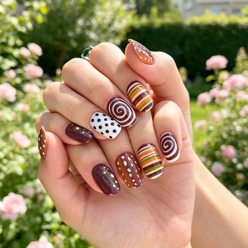 Brown Patterned Press On Nail for Quick Daily and Party Styling False Nail
