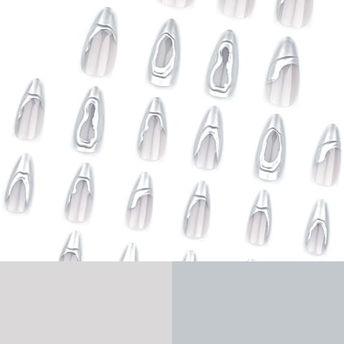 Silver Press on Nails Medium Almond Fake Nails 3D French Tips False H-29Silver