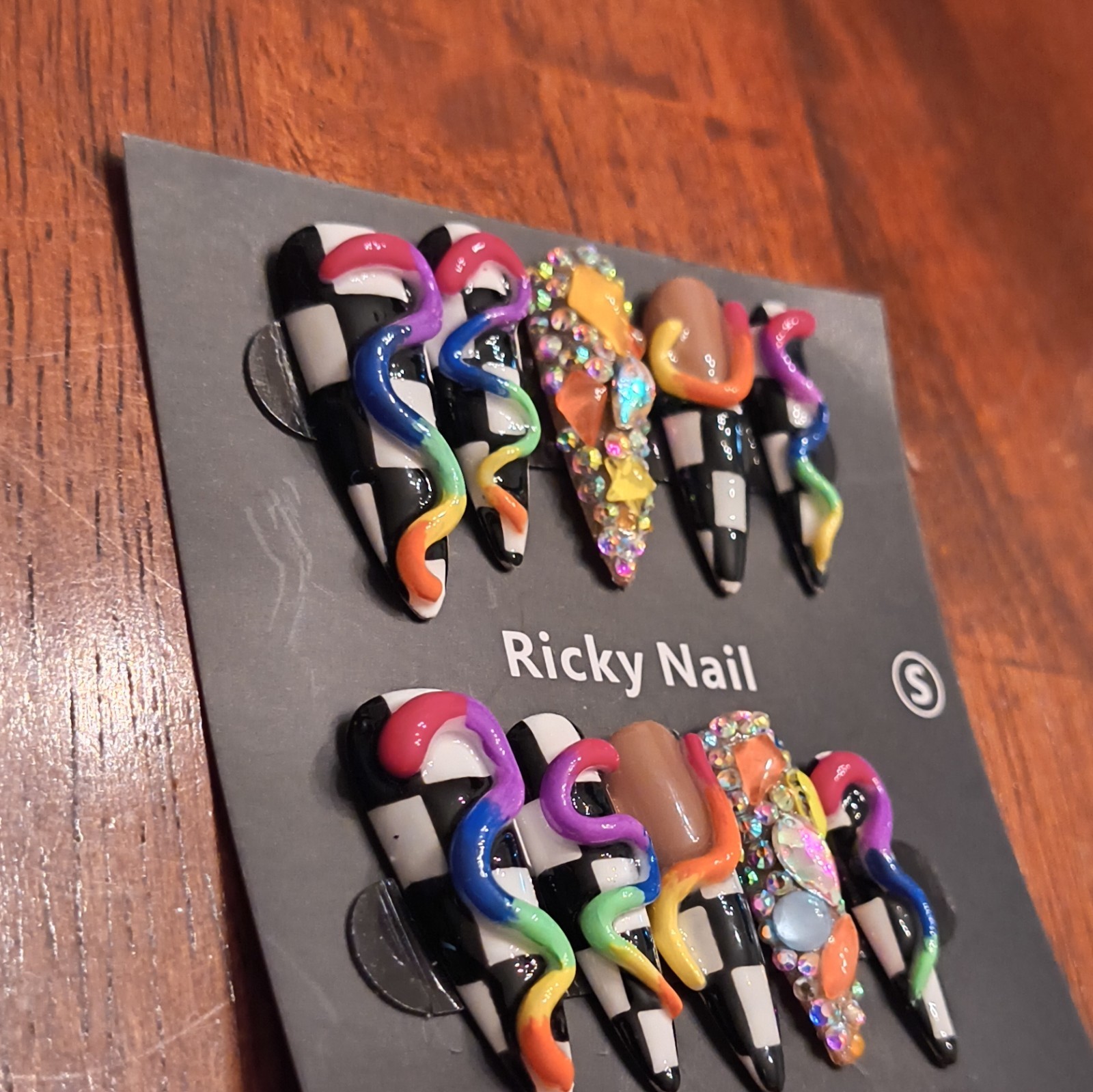 Ricky Nail Press-On Nails Long Stiletto Multicolor 3D Abstract Design Medium