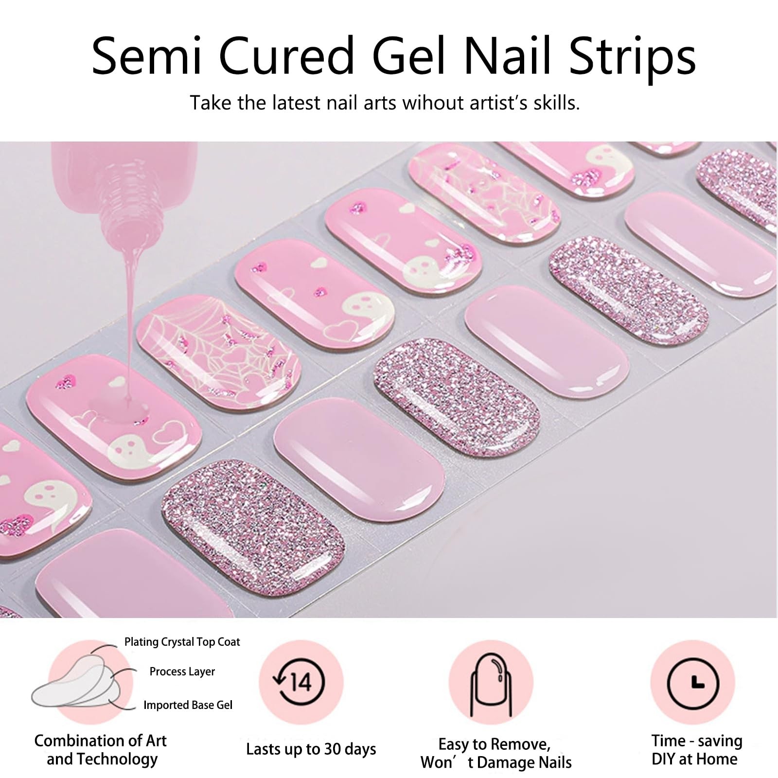 Halloween Semi Cured Nail Strips, 20 Tips Pink Ghost Spiderweb Design Nail Po…