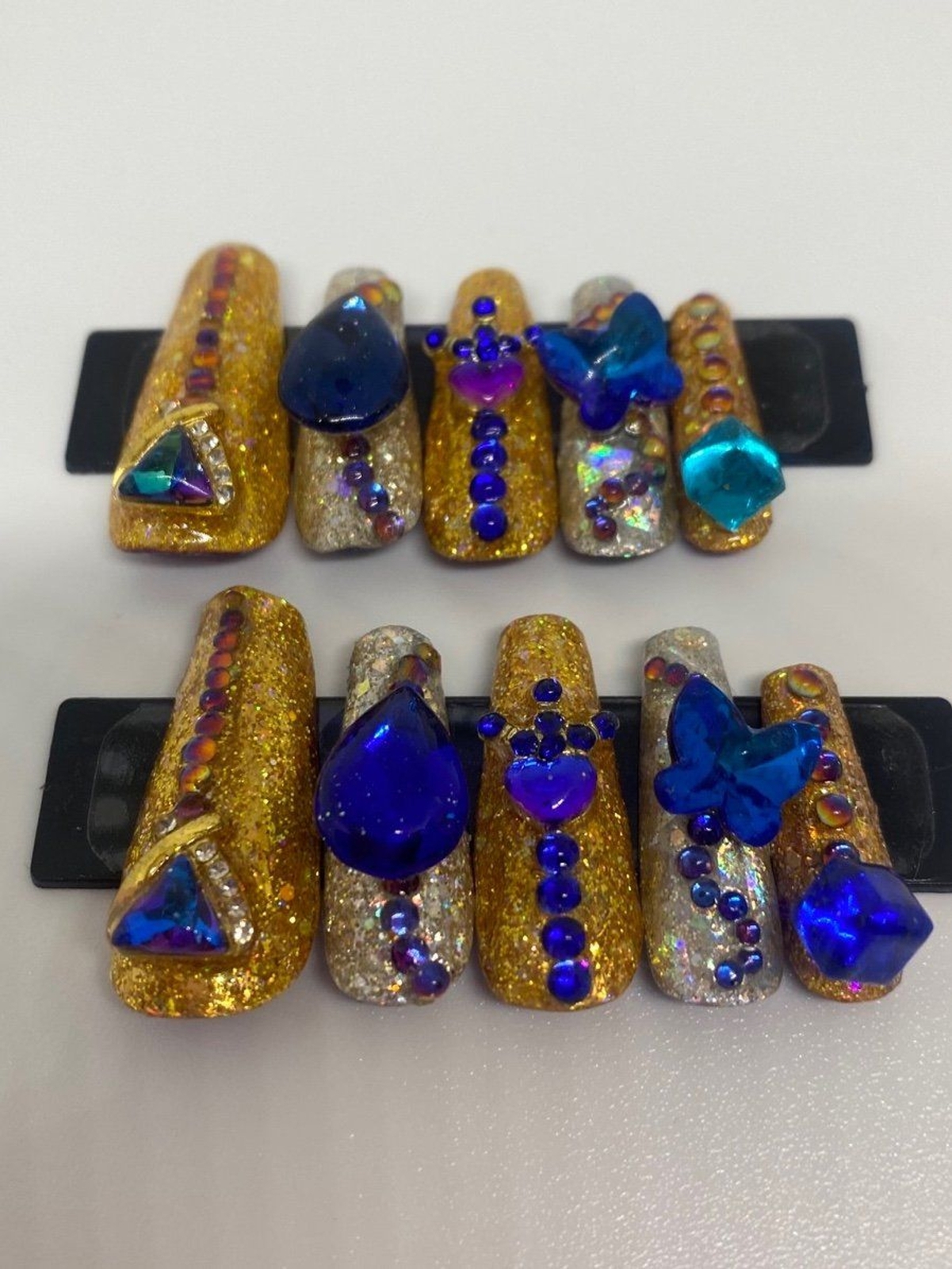 Silver and Gold Foils with Blue Jewels Handmade Press On Nail Set