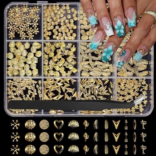 1 Box Gold Nail Charms 3D Alloy Circle Nail Gems Shiny Ocean Beach Color 9