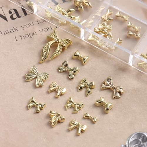 90PCS Gold Bow Nail Charms, Small Bowties for Nail Art Mix Size 3D Alloy Metal
