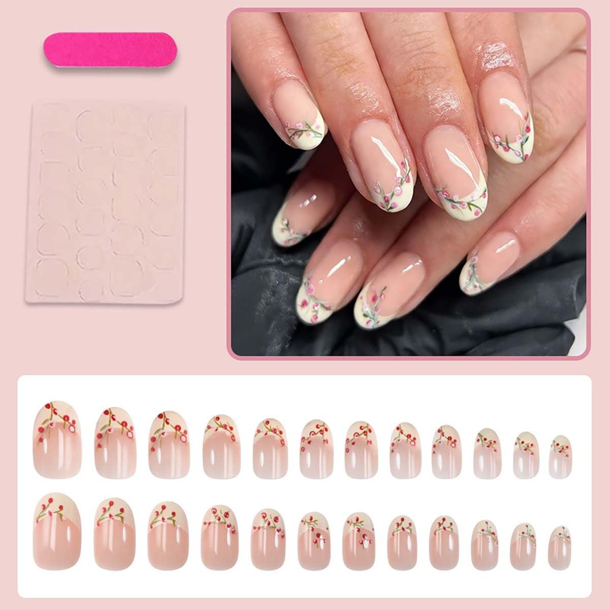 24Pcs French Tip Press on Nails Short Almond Leaf Flower Fake Nails Pink Flor…