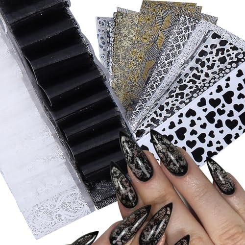 Lace Nail Transfer Foil Stickers 50PCS Black White Flower Lace Nail Foils Line