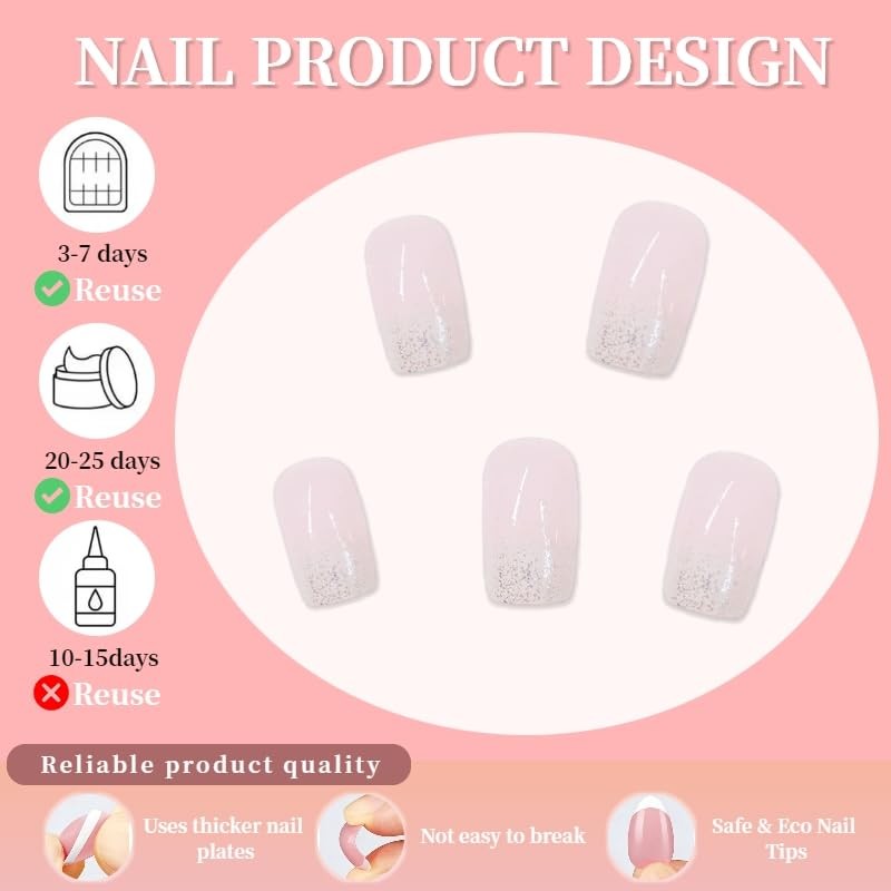 24Pcs Glitter White French Tip Press on Nails Square Gradient French Style