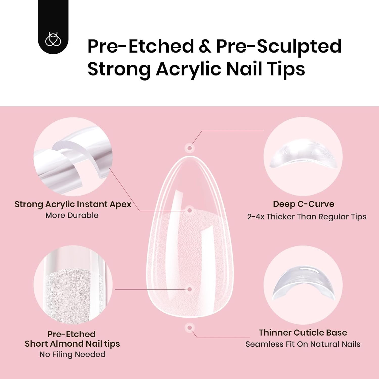 Beetles Tipex Instant Apex Nail Tips Almond Medium Acrylic Nail Tips, Pre-Etched
