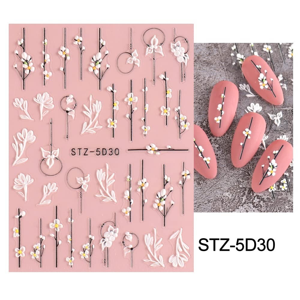 5D Spring Embossed Flower Nail Art Stickers 4 Sheets Real Self-Adhesive Decal…