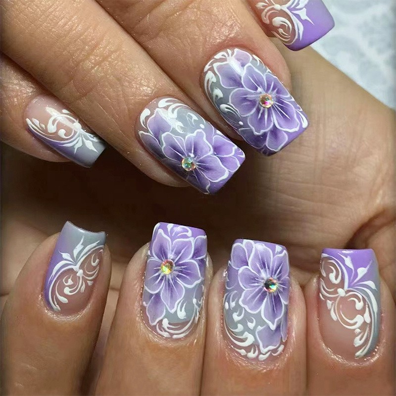 96pcs(4Pack) Trend Elegant Purple Floral Press On Nails Art for Wedding Party