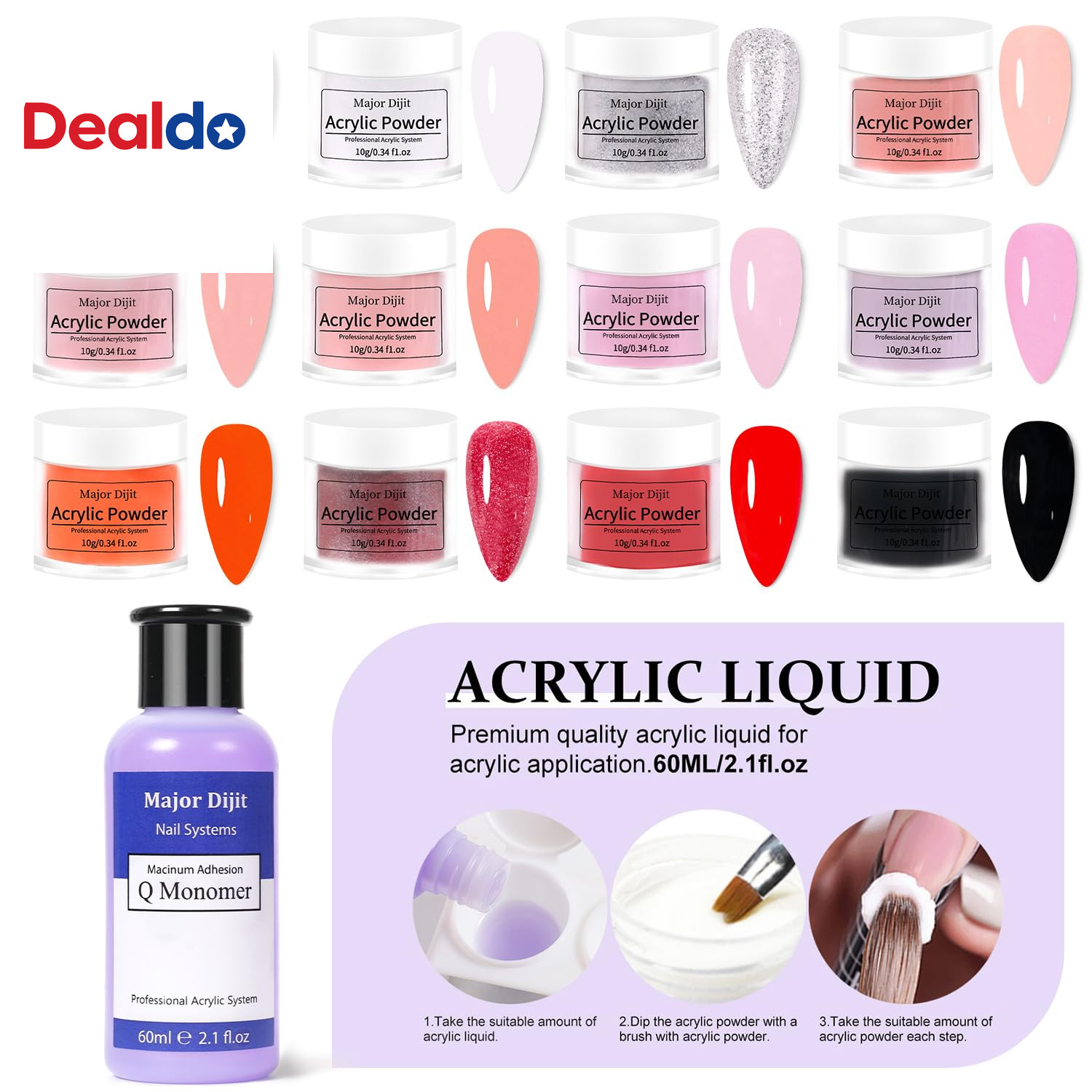 Complete Acrylic Nail Starter Kit with LED Lamp, 12 Colors Powder Acrylic Liquid