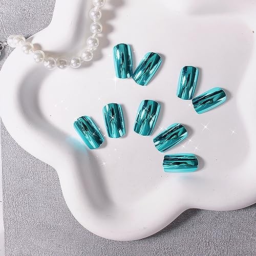 Mirror Metal Teal Blue Press on Nails Medium Short Square Chrome square teal