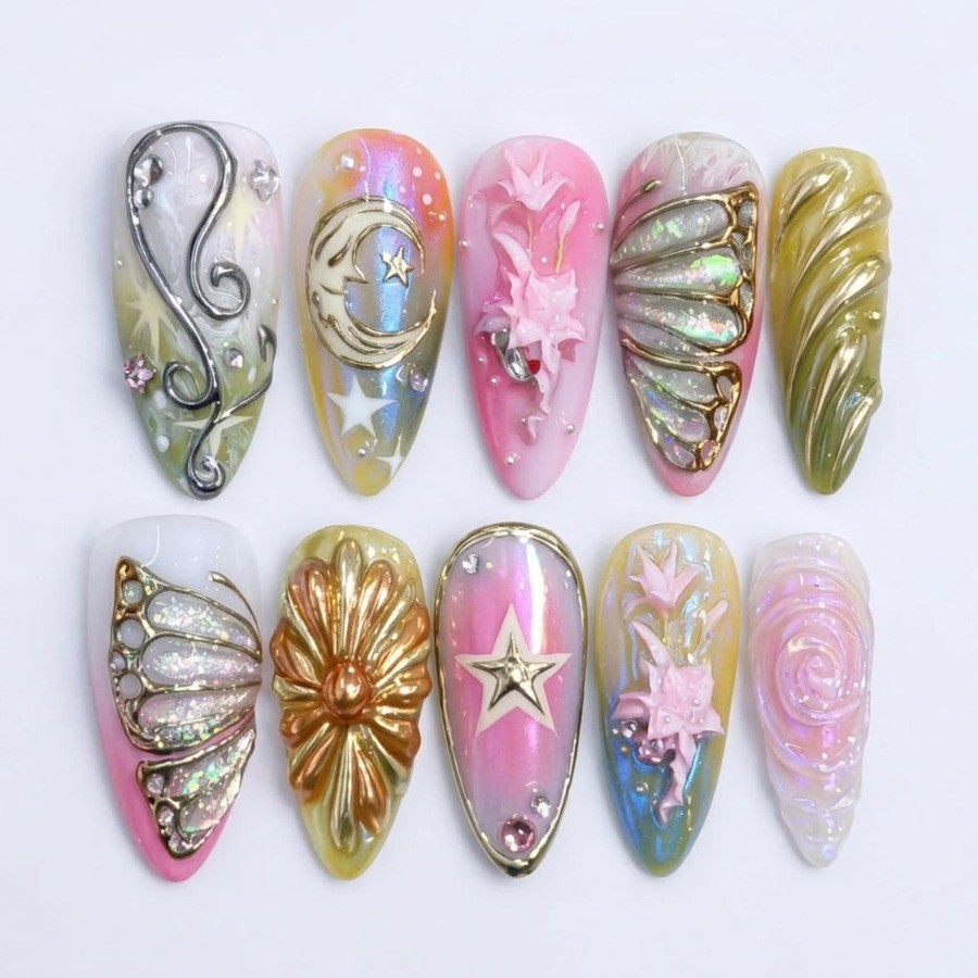 Galaxy Moon Handmade Press on Nails Butterfly Floral Iridescent Gloss Fake Nails