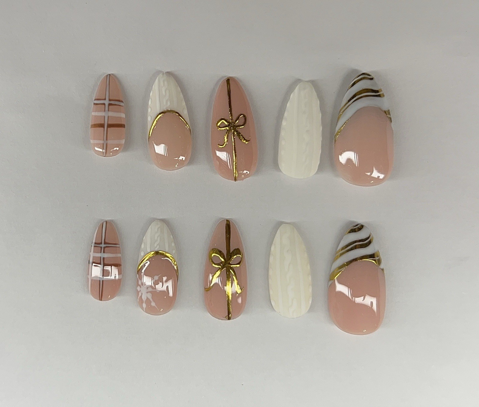 Luxury Nude & White Press On Nails Gold Accent Plaid Sweater Winter Set