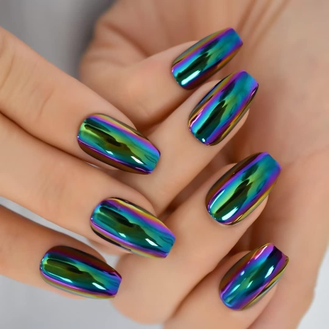iBeautying Press on Nails – Chrome Magic Mirror Effect Medium Length, Green