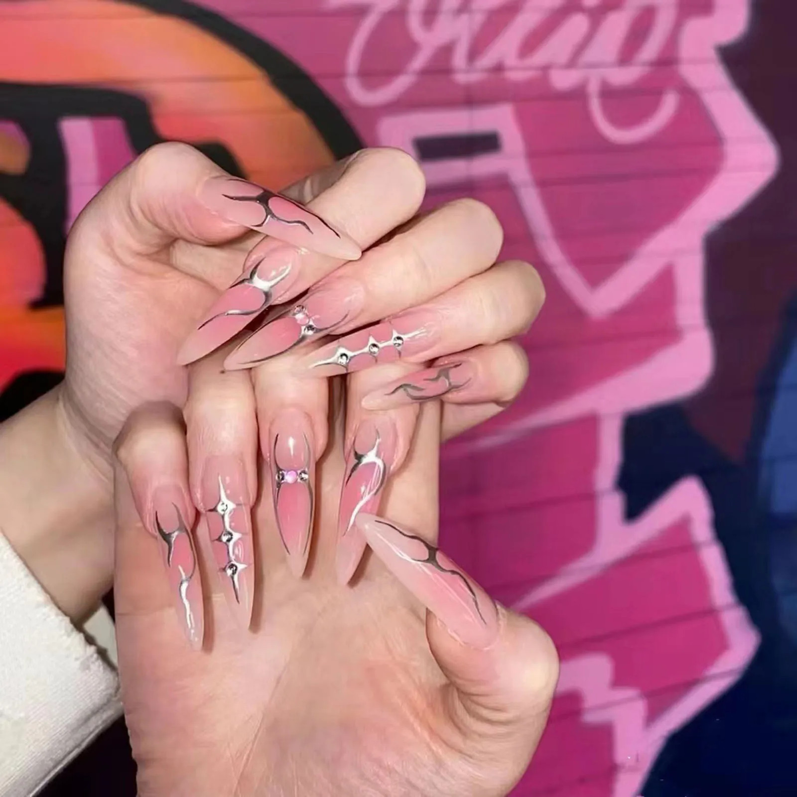 24pcs Red Blush Goth Long Stiletto Press On Nails