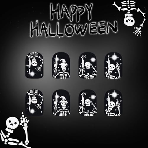 Halloween Press on Nails – Short Square Dark Black Fake Nails with White Skull