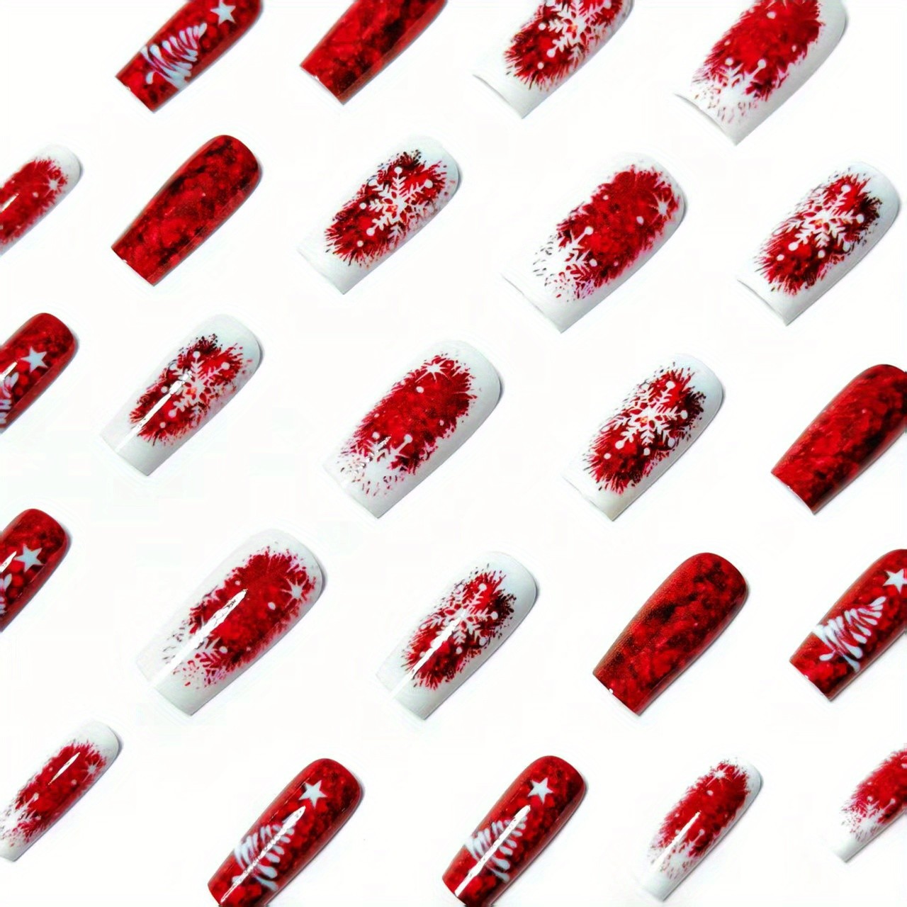48pcs Christmas Press On Nails Red Glitter Snowflake Artificial Nails Full Cover