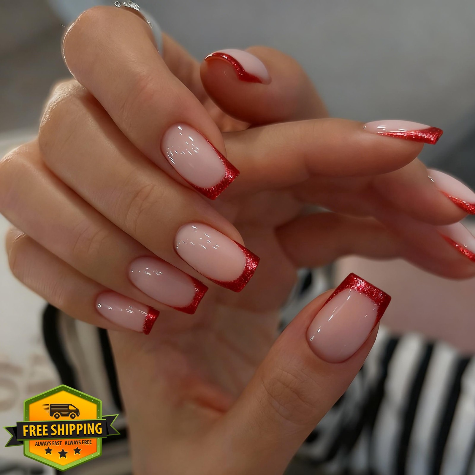 SXVME Red French Tip Press On Nails Medium Square Glitter 24pc