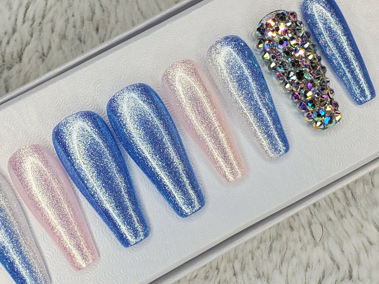 Baby blue white Bling glitter long ballerina diamond press on nails barbie ombre