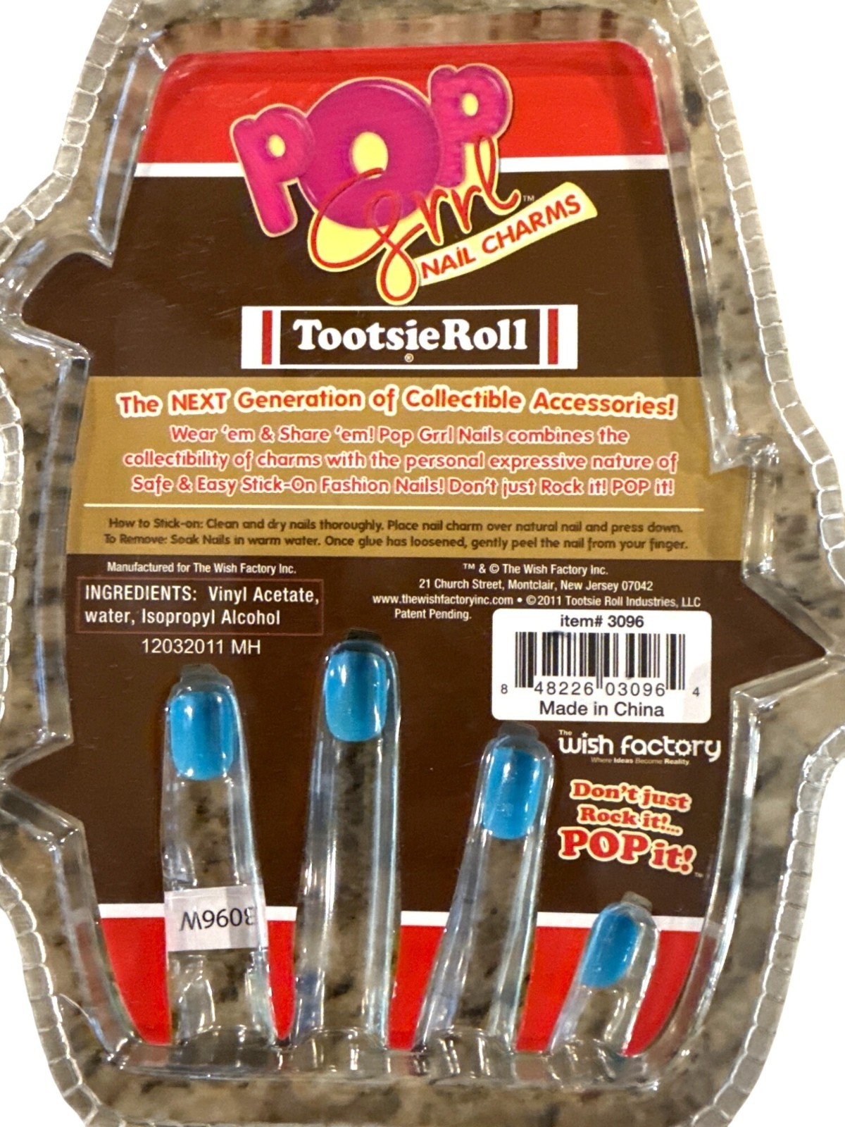 POP GRRL Nail Charms 10 Press-On Nails Blue+Brown+White TOOTSIE ROLL Candy Heart