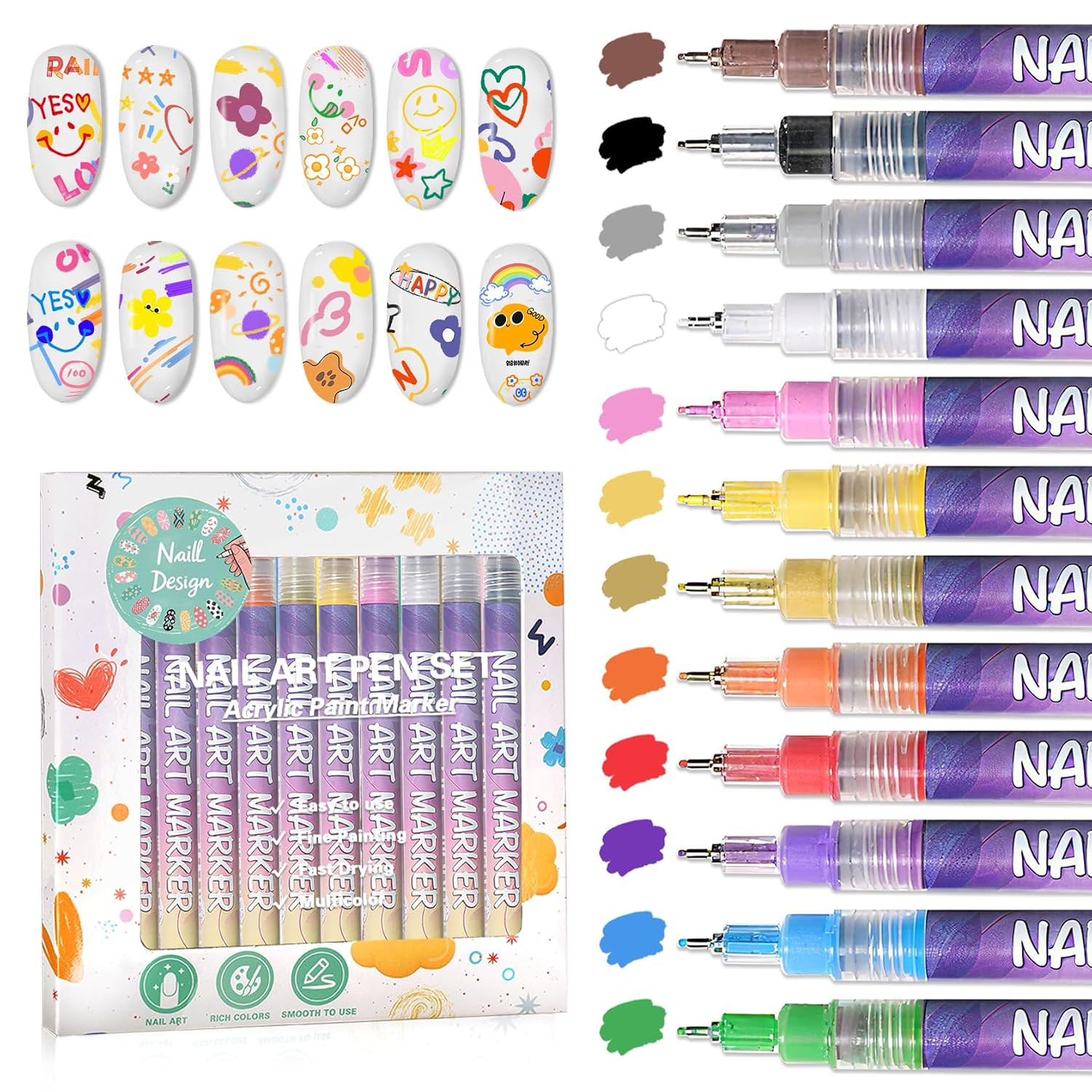 Nail Art Pens Markers Acrylic Paint Nail Polish Pen Drawing Dotting Quick Dry