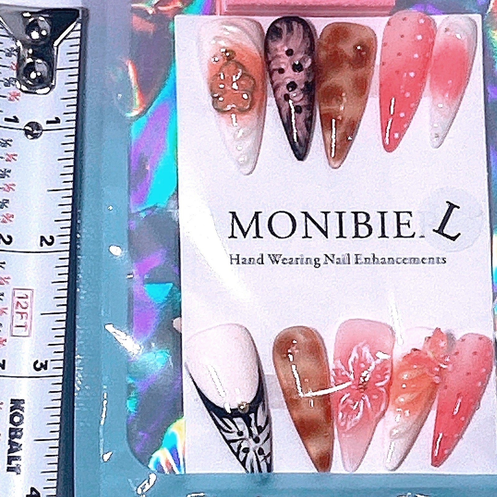 MONIBIER Pink Brown Animal Print Floral Press On Nails Coffin Large