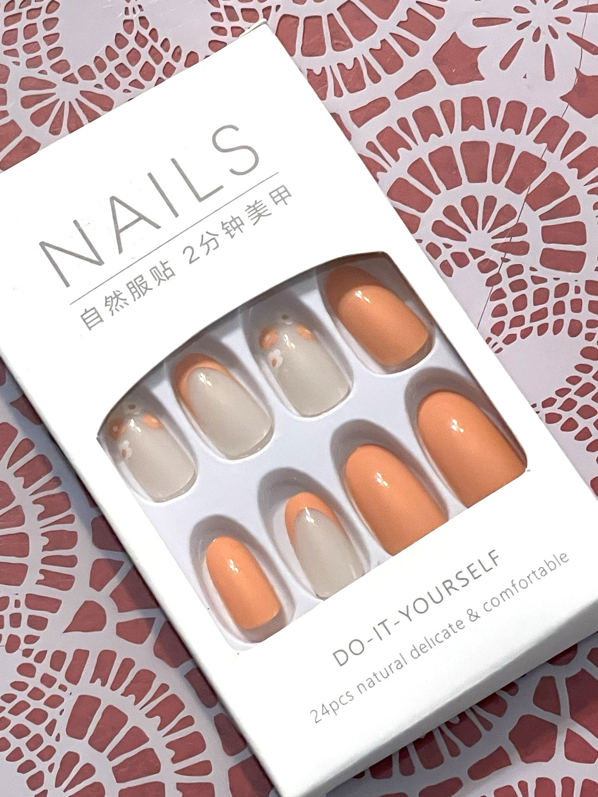 Nails Do It Yourself MILKY WHITE with PEACH FRENCH TIP & FLORAL DETAIL Press On