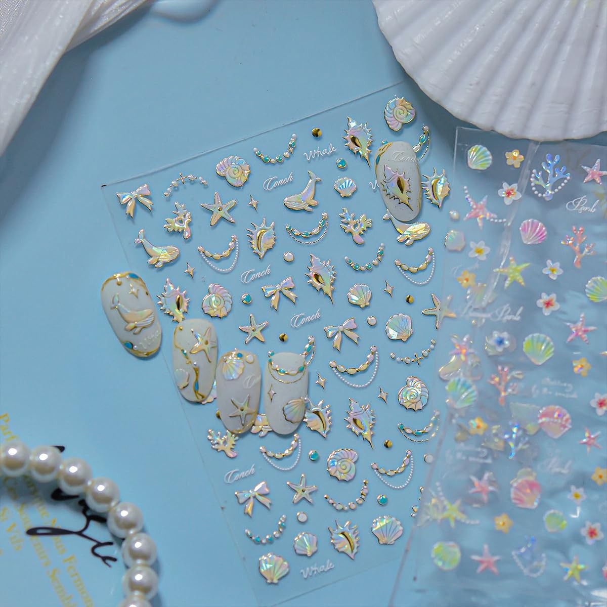 Summer Nail Art Stickers Shell Starfish Nail Decals 5D Embossed Shiny Mermaid…
