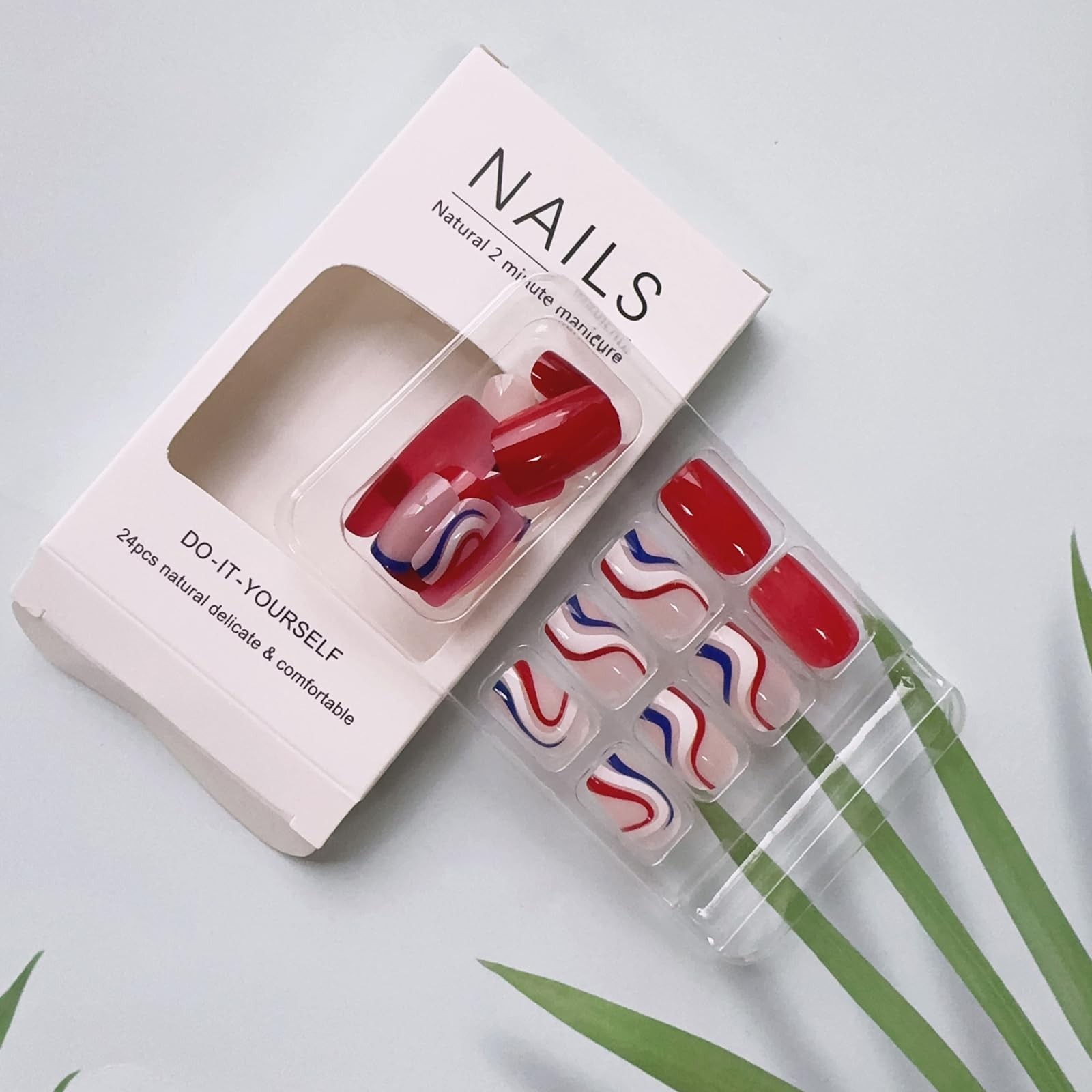 4th of July Press on Nails Short Square Fake Nails French Tip False Nails Red…