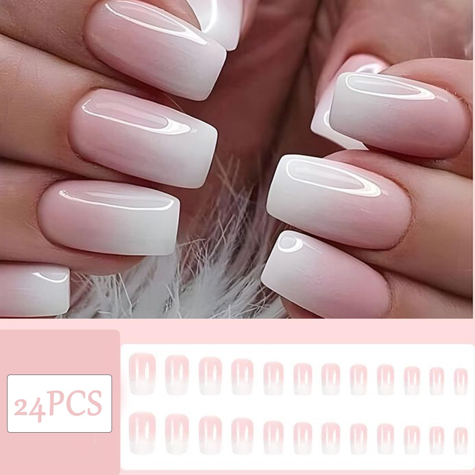 24 pcs Pink French Tip Gradient Press on Nails Medium Medium, Multicolor